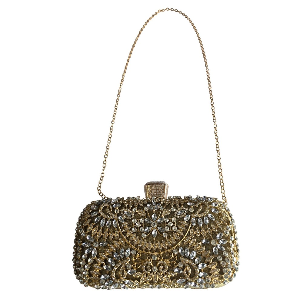 Gold Rhinestone Filigree Evening Clutch Bag Detachable Chain Formal Minaudiere - Picture 2 of 9